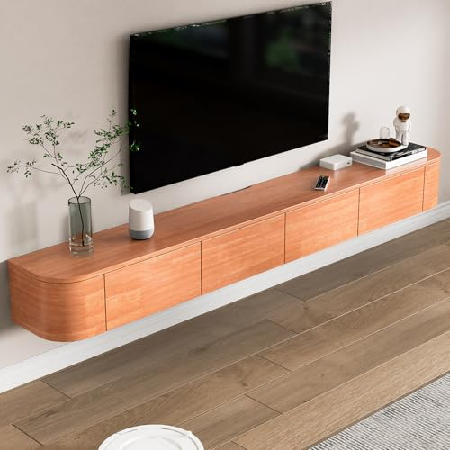 Ribanedy Moderno Soporte de TV Flotante | Consola de Entretenimiento Montada en la Pared con Puertas Abatibles | Banco de TV con Amplio Almacenamiento para Sala de Estar y Oficina (Cereza, 200 cm)