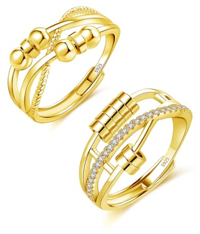 Zolkamery Silver Anxiety Ring, 925 Sterling Silver Fidget Ring with Beads, 2PCS Adjustable Open Anti Anxiety Rings for Women, Gold Spinner Relief Ring with Zirconia, Pair Unisex Stress Rings for Man