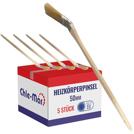 Chle-Mar 5X Heizkörperpinsel 50mm, Malerpinsel mit Langer Stiel | für schwer zugängliche Stellen, Lackpinsel für Wandfarbe & Heizkörper, Farbwalze Alternative für präzises Streichen