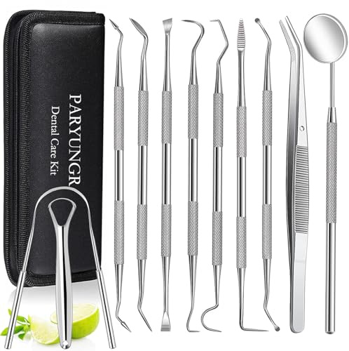 PARYUNGR - Kit di 11 strumenti dentali per la pulizia dei denti, raschietto per lingua in acciaio inox, per rimuovere placca tartara, strumento per la pulizia dei denti e filo interdentale, specchio
