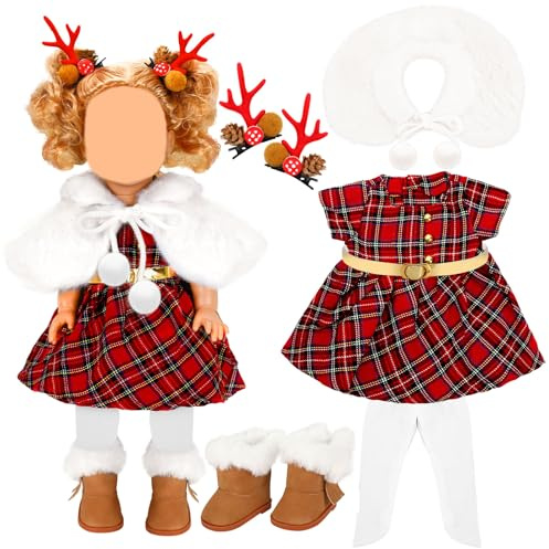 UPINS 18 Inch Doll Clothes and Accessories, Santa Costume Winter Doll Outfits Set Christmas Costume Playset Including Dress Fur Cape Tights Boots Hair Clips for Girls Gifts