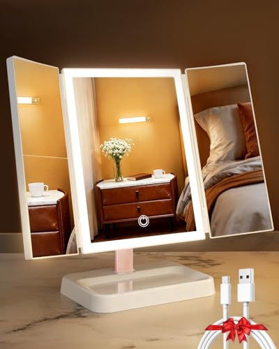 CALEPOP Vanity Mirror with Lights, Makeup Mirror 1X, 2X, 3X Magnification, Trifold 9 L x 14 W, Large Vanity Desk Mirror，Valentine‘s Gift for Wife, Mom, Her - Gift for Girlfriend, Women & Teens