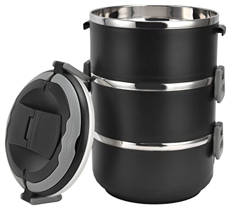 Fictory Lonchera apilable, bento de acero inoxidable de tres capas, contenedor de alimentos portátil a prueba de fugas, mantiene el calor para la escuela, camping, picnic, color negro