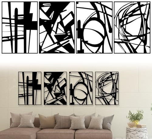 Decoración De Pared, 4 Piezas Arte Mural En Metal Escultura Abstracta De Líneas Decoración Colgante Negra Cuadros Metálicos Con Estructura 3D Arte Minimalista Para Sala De Estar Dormitorio Y Baño