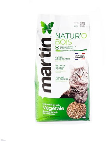 Litière Chat Végétale Martin Natur’O Bois - Granulés de Bois Français - sans Poussière, Ultra Absorbante, Désodorisante - 10 L