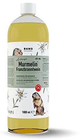 BANO Vin à brûler à la marmotte tyrolienne 1000ml | Idéal avant et après le sport et l'activité physique, ainsi qu'en cas de courbatures | pour rafraîchir les jambes lourdes