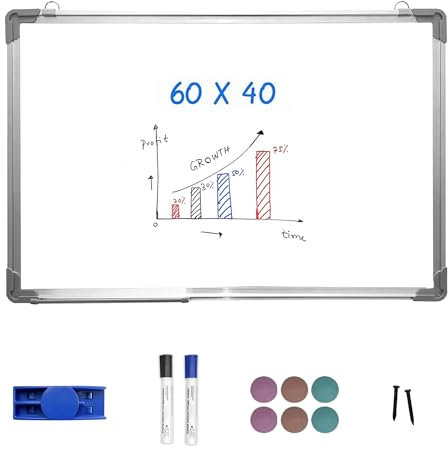 Lavagna Magnetica Bianca Cancellabile Con Cornice In Alluminio Di 60x40 Cm Ideale Per Ufficio, Casa, Scuola Con Set Di Accessori: 2 Pennarelli (Nero E Blu) + Cancelino + 6 Magneti Colorati + 2 Chiodi.