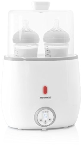 Miniland - Warmy Twin Calienta Biberones y Esterilizador, Calentador Rápido de Alimentos para Bebés 2-en-1, Calentador con Pantalla Digital Control Preciso Temperatura para Leche Materna (Blanco)