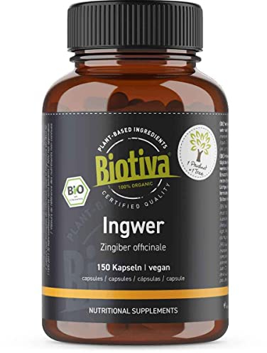 Ingwer Bio Kapseln 150 Stück - 400 mg pro Kapsel - Zingiber Officinale - garantiert ohne Zusätze - 100% Vegan - Abgefüllt und kontrolliert in Deutschland - Biotiva