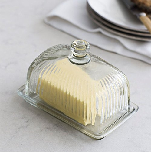 CKB Ltd® Glass Butter Dish with Lid Holder Storage Premium Ridged Design Crafted in Pressed Glass Vintage Traditional - Clear Transparent 11.5 x 17 x 10.5cm