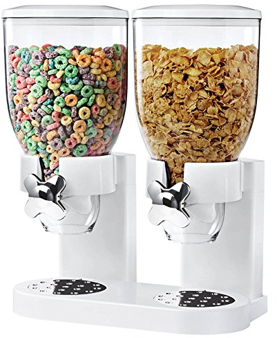 BAKAJI Dispenser Storage Dosatore Distributore Erogatore Cereali Pasta Caramelle Dolci Frutta Secca con Rotella Doppio Contenitore da 8 lt e Dosatore Interno (Bianco)