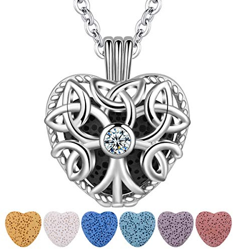 CELESTIA Silver eterisk olja diffuser halsband, keltiskt livets träd medaljonghänge med 7 absorberande lavastenar och kedja, aromaterapi smycken, dam gåvor