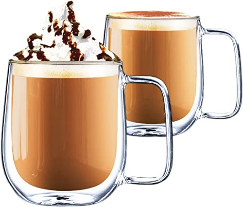 CMXING Set of 2 Double Walled Glass Coffee Mugs 300ml, Clear Insulated Glass Coffee Mugs with Handles, Hand Blown, Heat Resistant