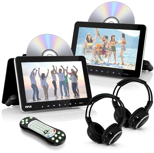 Pyle Monitores Universales para Reposacabezas de Coche, 10.5, Reproductores de DVD, Transmisores IR y FM, Auriculares Inalambricos