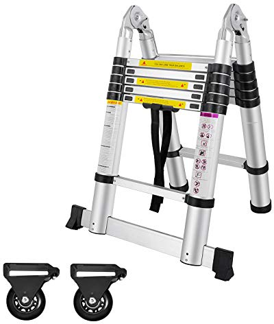 Aufun Teleskopleiter 3,8m Aluminiumleiter Klappleiter Rutschfester Aluleiter Schiebeleiter Sprossenleiter Ausziehleiter Teleskop-Design Mehrzweckleiter max 150 kg Belastbarkeit Faltbar(1,9+1,9M)