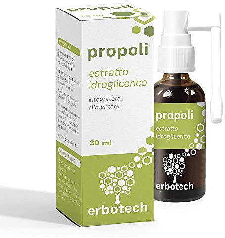ERBOTECH Propoli (propolis) Spray 30 ml, Tintura Madre, estratto puro, adatto ai Bambini, rimedio naturale per mal di gola e tosse, contribuisce al benessere delle vie respiratorie, Made in Italy
