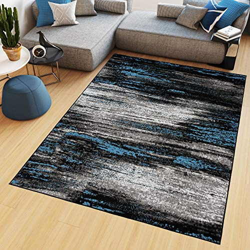 TAPISO Maya Teppich Kurzflor Schwarz Grau Blau Weiß Verwischt 220 x 300 cm | Modern Meliert Streifen Design Wohnzimmer Schlafzimmer oeko-tex