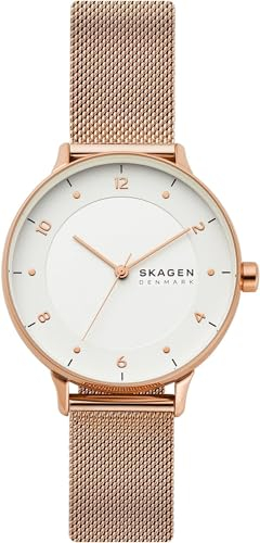 Skagen RIIS Uhr für Damen, Quarzwerk mit Edelstahl- oder Lederarmband, Roségoldton und Weiß, 36MM