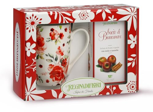 Regina di Fiori - Vetrina Mug Red Rose. Idea Regalo. Tazza in Porcellana Decorata e Tisana Bacio di Biancaneve in Astuccio da 15 Filtri