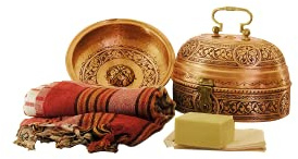 Traditional Turkish Bath Set, Copper Hamam Set, Peshtemal, Copper Bath Bowl (Bright Copper)