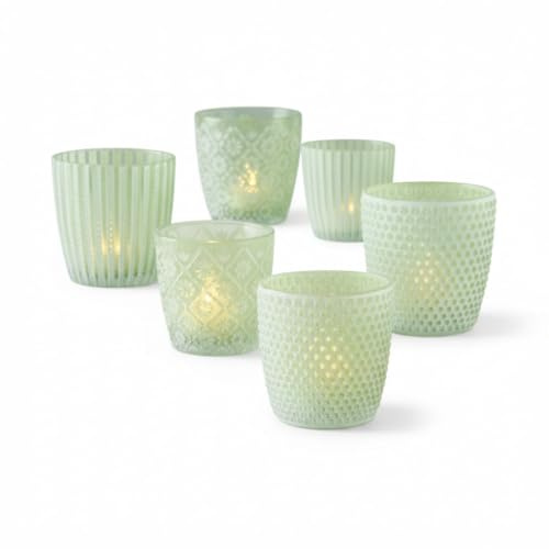 LS-LebenStil 6X Glas Teelichthalter Retro Grün Weiß 7-9cm 6´er Set Kristall Ornament Teelicht-Gläser Windlicht-Halter Kerzenständer Tischdeko Kerzen Deko Kerzenhalter für Teelichter Hochzeit