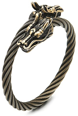 COOLSTEELANDBEYOND Edelstahl Verdrehten Gealtertes Messing Stahlkabel Manschetten Armband Drachen Elastische Verstellbare Armband Armreif