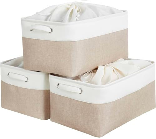 Mangata Set of 3 Fabric Storage Baskets, Light Khaki White XL | 50 x 36 x 25 cm; foldable canvas with drawstring cover for clothes, towels, toys and shelves.