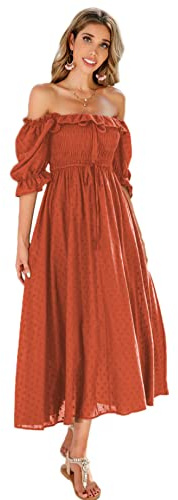 R.Vivimos Donne Abito Casual Bohémien Mezza Manica Scollo Quadrato Vestito Lungo Midi Elegante da Spiaggia(S,Arancia#2)