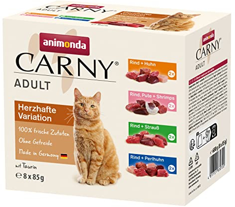 animonda Carny Adult Herzhafte Variation (8 x 85 g), Katzennassfutter für ausgewachsene Katzen, Nassfutter mit 100 % frischen, fleischlichen Zutaten, Katzenfutter ohne Getreide und Zucker