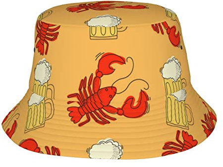 Fischerhut mit Bier- und Langustenmuster, Unisex, trendig, leicht, Outdoor, Spaß, Strand, Urlaub, geeignet für jede Jahreszeit., Bier und Langusten Muster, Einheitsgr��e