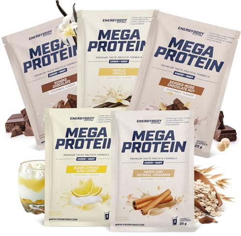 Energybody® Mega Protein Pulver Probierpaket 1-5x25g - Mehrkomponenten Protein mit Casein Whey Mix als Eiweiss Protein Pulver/Proteinpulver Probierpackung/Eiweißpulver Probierset