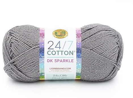 Lion Brand Yarn 24/7 Cotton DK Sparkle Lightweight Yarn for Crochet, Knitting, Crafts, Iron Grey, Metallic Silver, 1 Pack, Natural Fiber for Soft Shawls, Light Blankets, Summer Projects