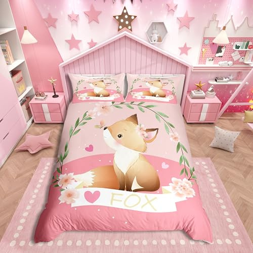 Juego de ropa de cama con funda de edredón de zorro de dibujos animados para niñas, conjunto de ropa de cama 140x200 de zorro bonito para niños y niñas, animal kawaii, juego de cama botánico floral de