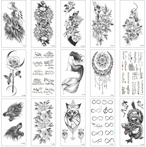 ONEBO 15 Fogli Tatuaggi Temporanei,impermeabili minuscoli,tatuaggio temporanei neri,Tatuaggi temporaneo Impermeabili Tatuaggio per braccio o spalla di tatuaggi,per uomo o donna