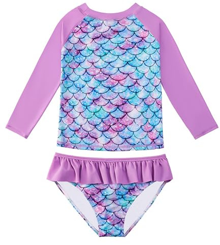 Maillot de Bain Fille Deux Pièces Combinaison Anti UV Fille Manches Longues Maillot pour Filles de 6-7 Ans
