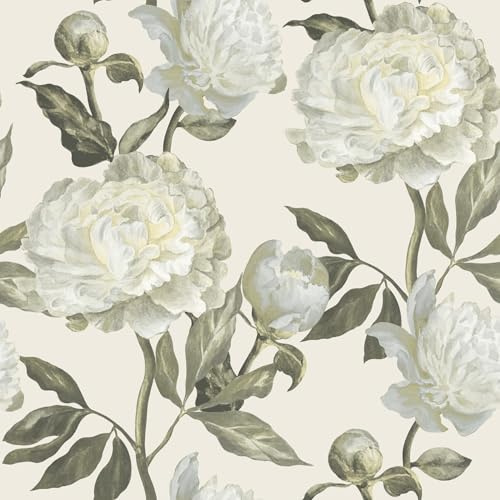 Papier peint intissé Pivoine Fleurs Vintage 1005x52cm Beige, vert, écru
