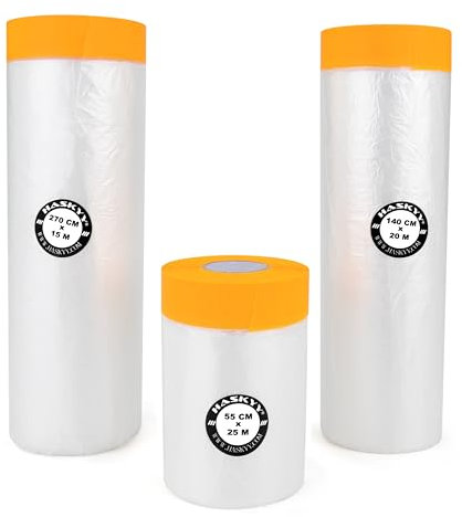 Maler Abdeckfolie mit Klebeband 3er Set stark wasserdicht Abdeckband 55cm x 25m 140cm x20m 270cm x 15m Goldband 82,25m² Abdeckband Masker Tape Washi Tape