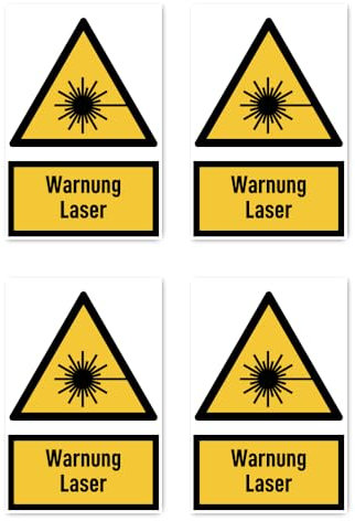 Aufkleber: 112.5x75 mm, 4 Stück - Warnung Laser - Warnzeichen mit Text (deutsch) (gelb/schwarz) - hochkant - W004 - DIN EN ISO 7010 / ASR A1.3