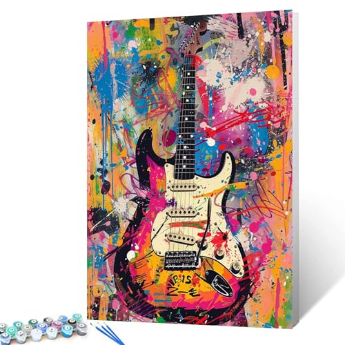 Malen nach Zahlen mit Graffiti-Illustration, Gitarre, für Erwachsene, Kinder und Anfänger, Musikausrüstung, einfaches Leinwand-Ölgemälde, Acryl-Pigment-Kits, Rock-Thema, Heimdekoration, Geschenk, 40,6