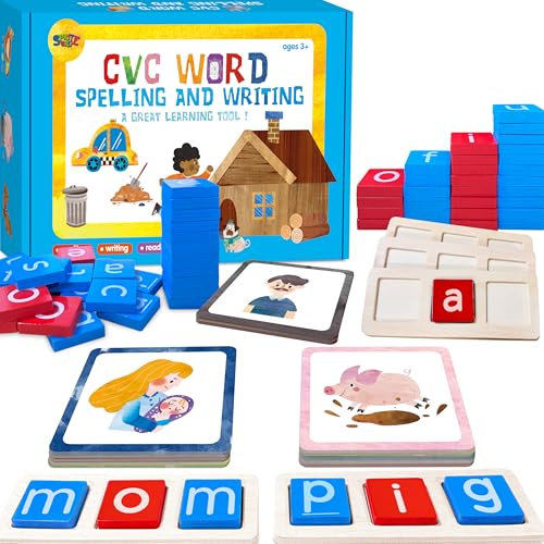 154 PCS Wooden CVC Word Spelling Game, Short Vowel Spelling Flashcards Sight Words Flash Cards Montessori Early Educational Toys for Preschool Kindergarten (5 Dry Erase Marker Included)