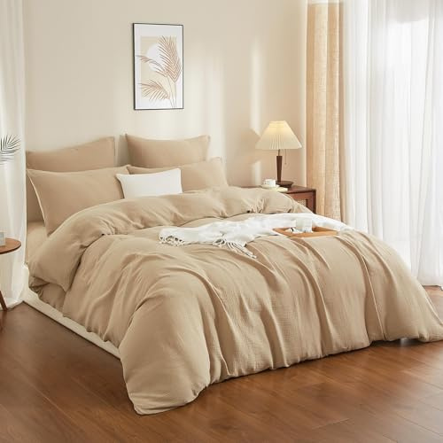 YASMENG Doppelte Muslin Bettwäsche 200x220 Khaki Beige 100% Baumwolle Bettwäsche Muslin Weich Atmungsaktiv Kuschelige Bettbezug Set 3 Teilig mit Reißverschluss und 2 Kissenbezüge 80x80 cm