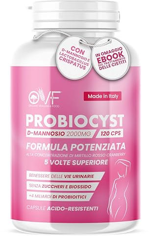 OVF Probiocyst 120 Capsule - D Mannosio Puro 2000 mg Integratore per la Cistite, Candida Donna e Vie Urinarie - Integratori Cistite con D-mannosio, Mirtillo, Acido Ialuronico, Inulina e Probiotici