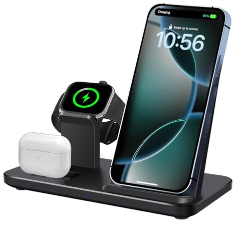 PDKUAI Stazione di ricarica 3 in 1 per Apple Wireless Charger per iPhone 16 15 14 13 12 11 Series, ricarica a induzione da 15 W, per Apple Watch 10/9/8/7/6/Ultra, caricatore per AirPods Pro/4/3/2/1