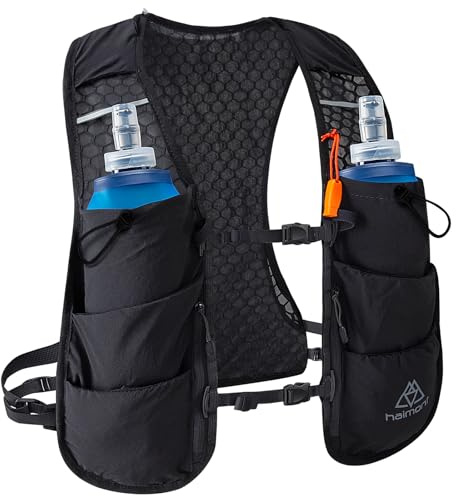 Haimont Ultraleicht Trinkrucksack Trail Rucksack Trinkweste, Hydration Pack Fahrradrucksack für Laufen, Wandern, Marathoner + 2 Soft Flask 500ML Wasserflasche, Schwarz
