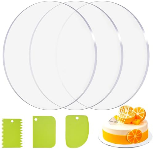 YOUNGSAY 3 STK 30cm Tortenunterlage Rund Acryl mit 3 Kuchenschaber | Nicht Klebend Transparente Tortenunterlage Acryl, Wasser- und ölabweisend, Nicht anfällig für Vergilbung, Langlebig