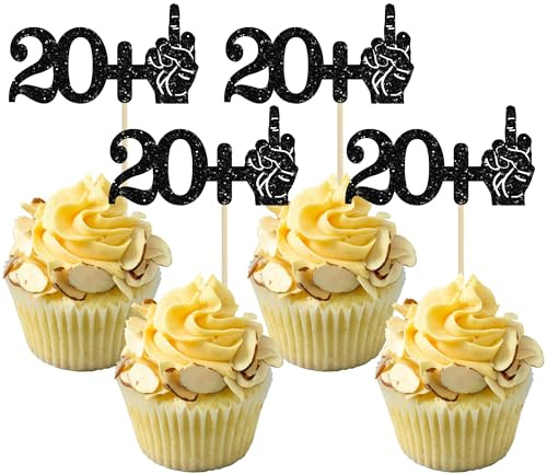 Ephlyn 24Pcs 20+1 Cupcake Toppers Funny 21st Birthday Cupcake Picks Glitter Black Middle Finger Cake Toppers 21st Cupcake Decoration for Happy 21st Birthday Party Anniversary Decorations
