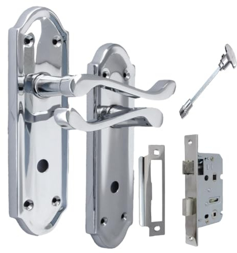 Epsom Door Handle Polished Chrome Privacy Lever Set – Backplate Design for Interior Use – Supplied with 3-Lever Sash Mechanism – 1 Pair