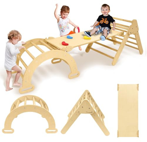 Kidsbuddy 3-in-1 Klettergerüst Indoor，Klappbares Montessori Kletterdreieck aus Holz mit Rutsche、Kletterbogen、Klettergerät，Spielplatz，Lernspielzeug für Kinder ab 1 Jahr，Kletterspielzeug Outdoor Indoor