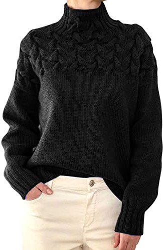 Rollkragenpullover Damen, Oversize Pullover Damen Rollkragen Langarm Grobstrickpullover Damen Zopfmuster Pullover Damen Weihnachtspullover Damen Norweger Pullover Damen Rolli