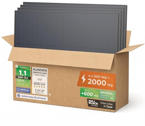 Solarway 500W Solarpanel Full Black Bifazial Glas/Glas PV Panel mit positiver Leistungstoleranz von 0-5 Watt, n-type, geeignet für Balkonkraftwerk (500W, 4 Panels)